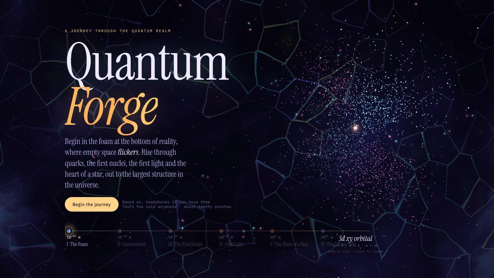 Quantum Forge title screen with a rotating hydrogen orbital point cloud